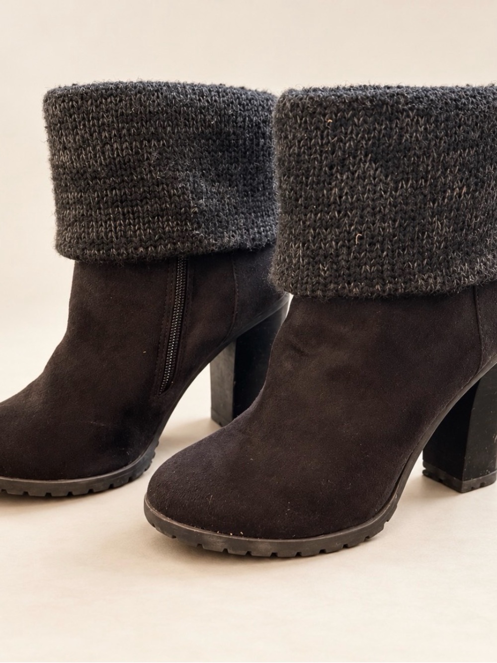 Leila Stone Black Suede Fold-Over Knit Cuff Heeled Boots